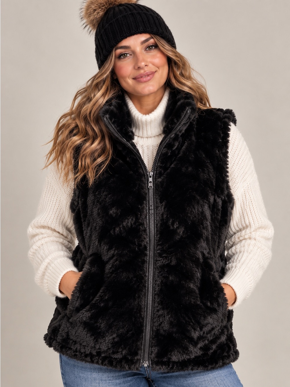 Nicole Miller Black Reversible Quilted Faux Fur Puffer Vest Cozy Winter Size M - Picture 2 of 8
